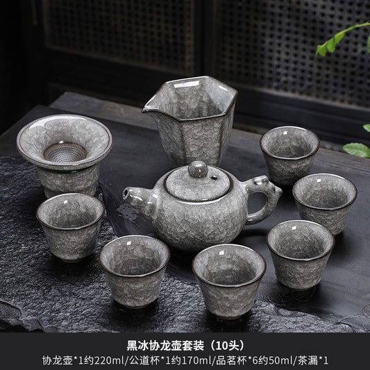 Black Ice Kung Fu Tea Set Teacup Suit Home High-End Ice Flower Office Ceramic Teapot Tureen Light Luxury High-End