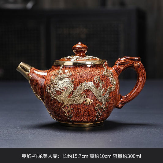 Gold Inlaid with Jade Handmade Gold Inlaid Teapot Ceramic Teapot Jianzhan Single Teapot Household Lidded Bowl Tea Set High-End Gift Box-Packed